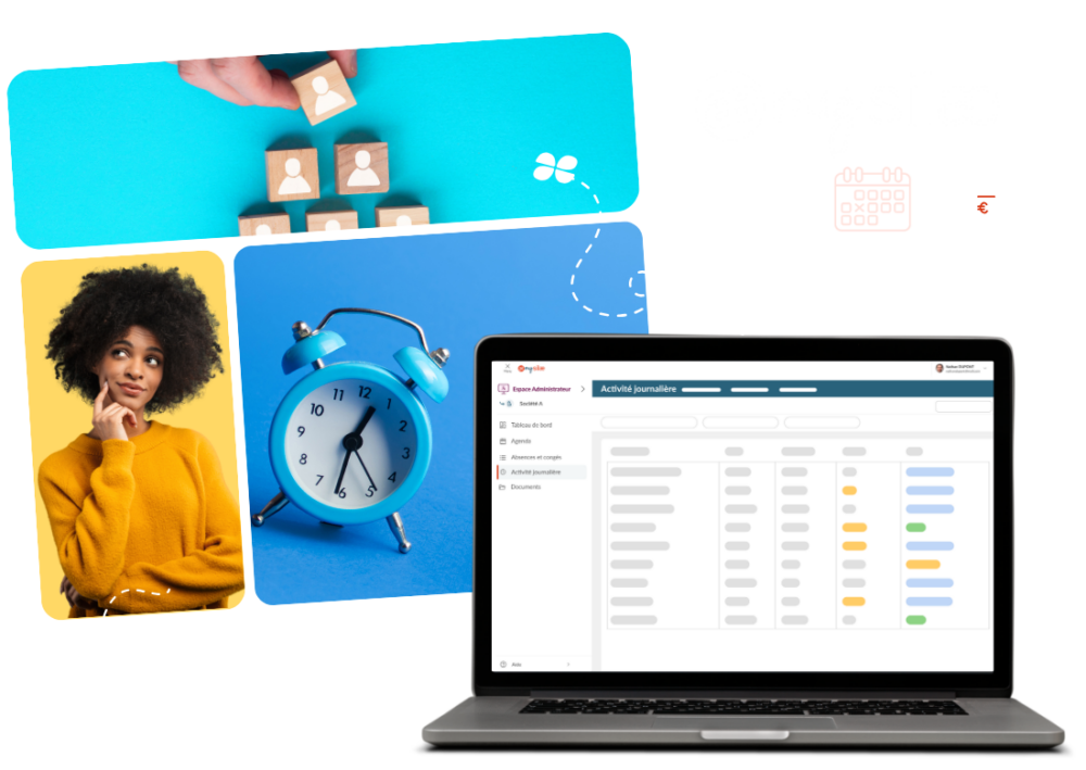 Illustration de la solution mySilae pour la gestion des temps : suivi des horaires, télétravail, équipes terrain, intégration directe à la paie via une interface intuitive sur ordinateur et mobile.