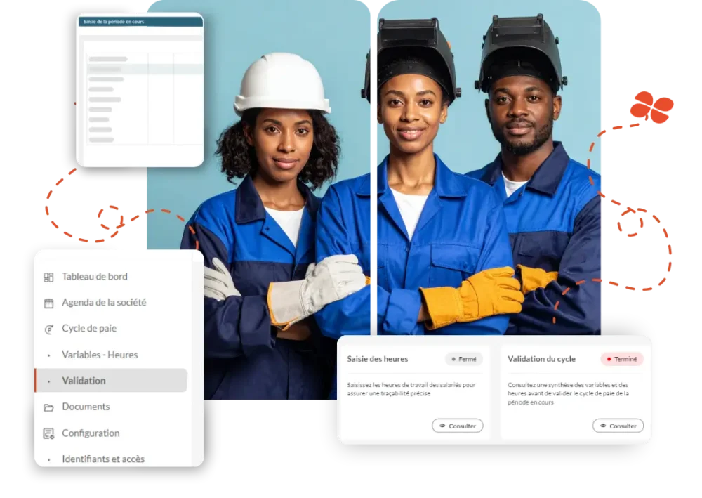 Travailleurs de la métallurgie et illustration du logiciel de gestion de la paie silae adapté au secteur.