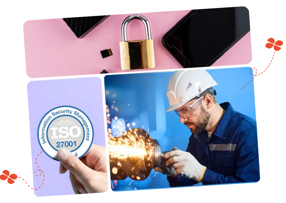 Visuel combinant sécurité numérique et industrielle, illustrant la protection des données sensibles en paie métallurgie.