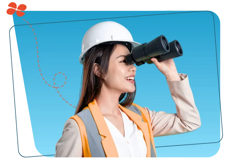 Professionnel de la métallurgie en tenue de sécurité observant à travers des jumelles, symbolisant la veille réglementaire dans la gestion de la paie.