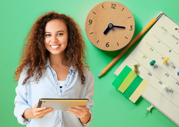 Illustration d’une solution GTA avec une personne utilisant une tablette, un calendrier et une horloge pour la gestion des temps et activités en entreprise