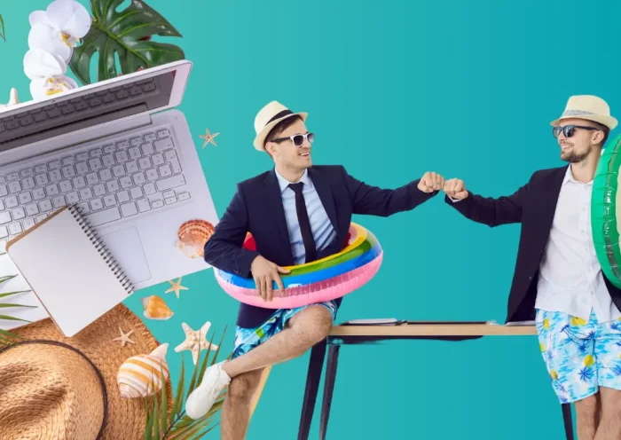 Cette image symbolise avec humour et modernité l'équilibre entre rigueur professionnelle et flexibilité personnelle. Les deux hommes, vêtus d’un costume élégant sur la partie haute et d’un bermuda de plage sur la partie basse, incarnent l’évolution des codes du travail à l’ère digitale. L’ordinateur, placé stratégiquement sur le côté, rappelle la place centrale des outils numériques dans les environnements hybrides et dématérialisés. Cette représentation illustre parfaitement la transition vers une gestion RH plus souple, connectée et centrée sur l’humain — à l’image des nouvelles pratiques de suivi des congés qui allient performance organisationnelle et bien-être collaborateur.